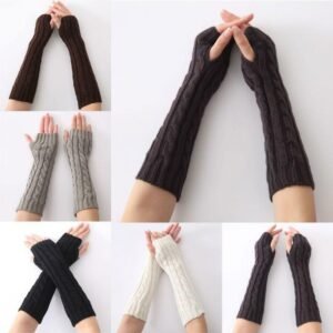 Woman in knitted fingerless gloves Red color, front view, showing braided design.