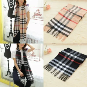 - 57 1747 1 Person in tartan plaid scarf Black and Red color, front view, showing checked pattern.