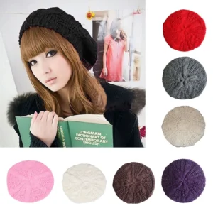 - 57 1750 1 Woman in slouch knitted beret hat Red color, front view, showing braided design.