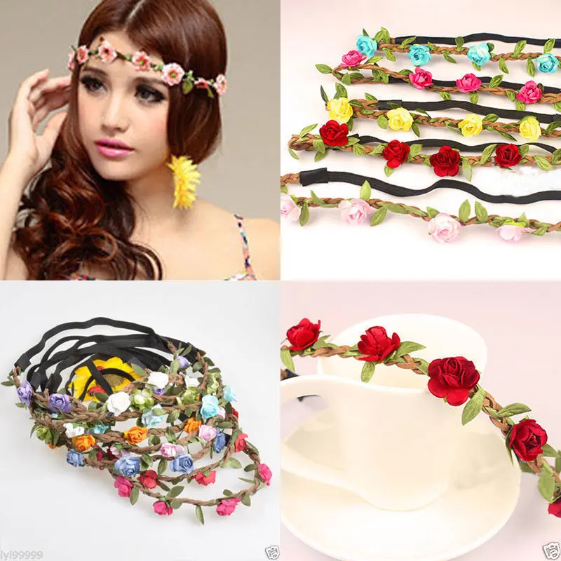 57-1752-1.jpg Woman in bohemian flower tiara Blue color, front view, showing braid design.