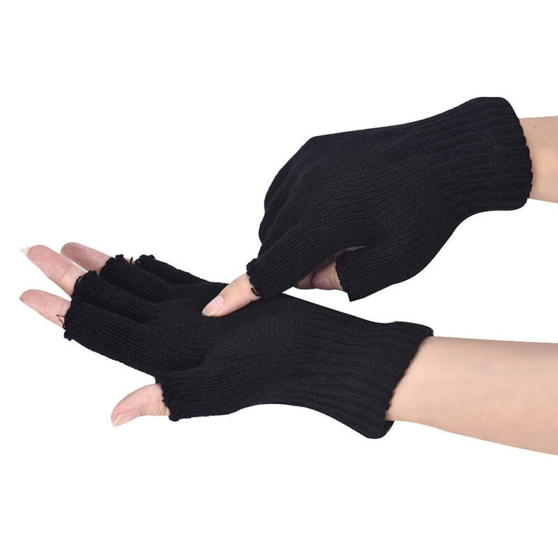 Person in warm fingerless gloves Black color, front view, showing knitted design.