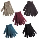 Person in unisex winter knitted gloves Khaki color, front view, showing ribbed cuff.