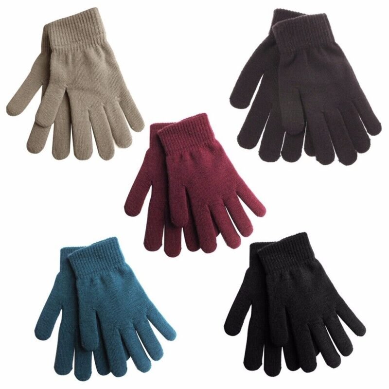 Person in unisex winter knitted gloves Khaki color, front view, showing ribbed cuff.