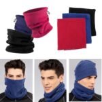Person in fleece neck warmer beanie Black color, front view, showing drawstring design.