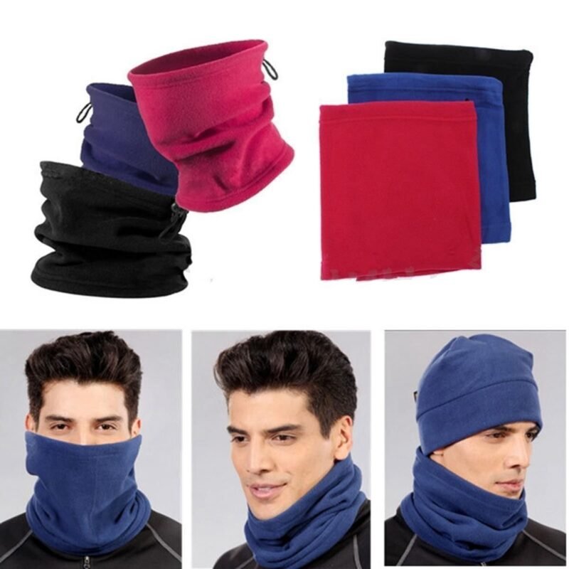 Person in fleece neck warmer beanie Black color, front view, showing drawstring design.