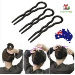 Woman using hair twist styling clip Black color, front view, showing bun maker design.