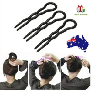 Woman using hair twist styling clip Black color, front view, showing bun maker design.