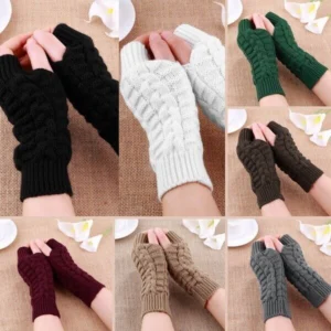 - 57 1778 1 Woman in braided fingerless gloves Khaki color, front view, showing braided arm design.
