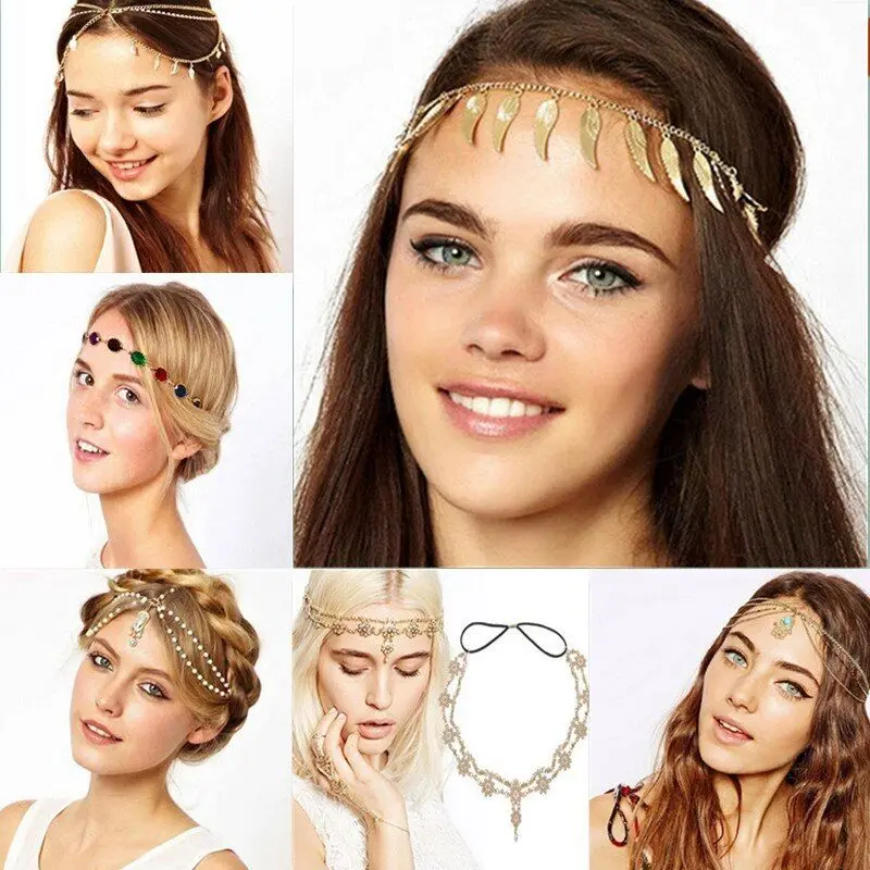 57-1789-1.jpg Woman in boho bridal headband Red color, front view, showing tassel bead design.