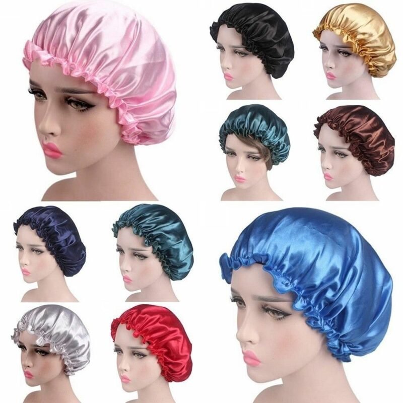 Woman in satin sleep cap Black color, front view, showing lace detail.