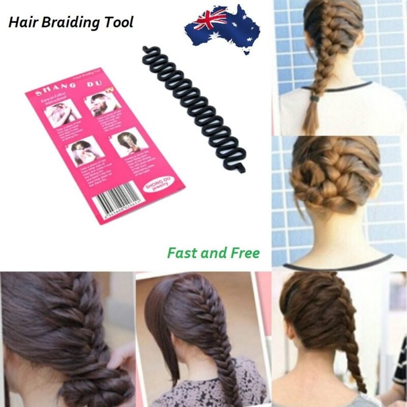 Woman using magic braid styling tool Black color, front view, showing fish bone design.