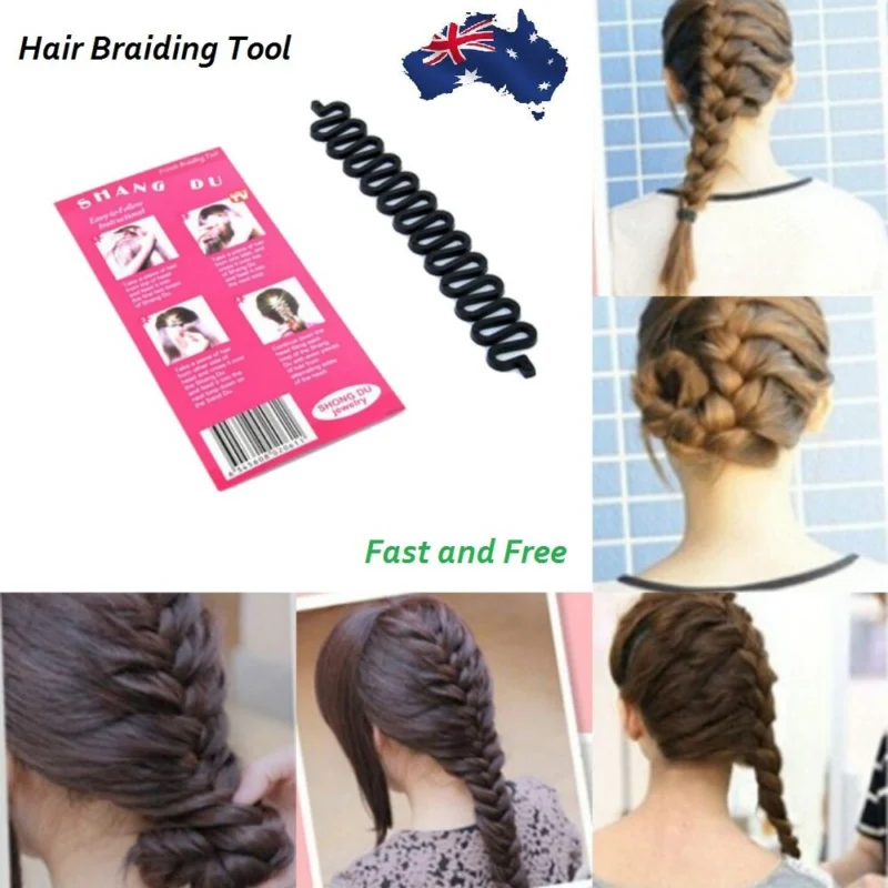 Woman using magic braid styling tool Black color, front view, showing fish bone design.
