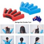 Woman using quick French braid tool Blue color, front view, showing sponge design.
