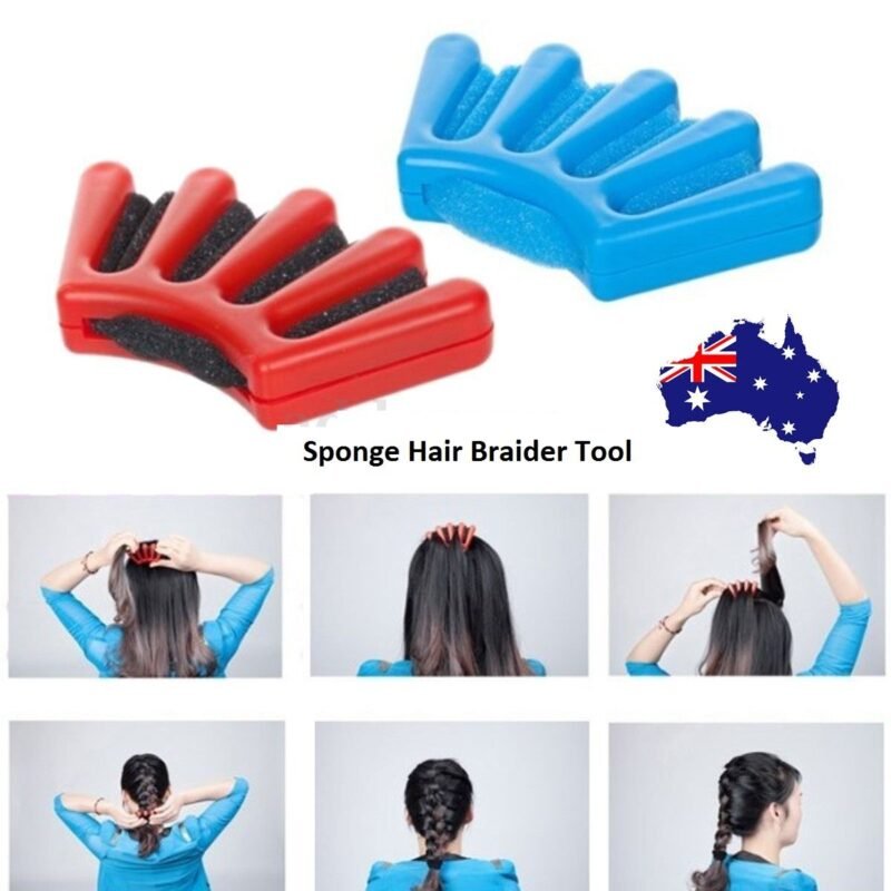 Woman using quick French braid tool Blue color, front view, showing sponge design.