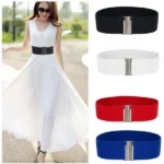 Woman in stretch elastic waist belt Black color, front view, showing wide design.