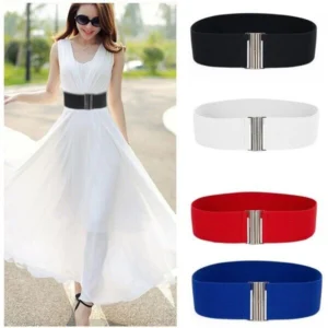 Woman in stretch elastic waist belt Black color, front view, showing wide design.