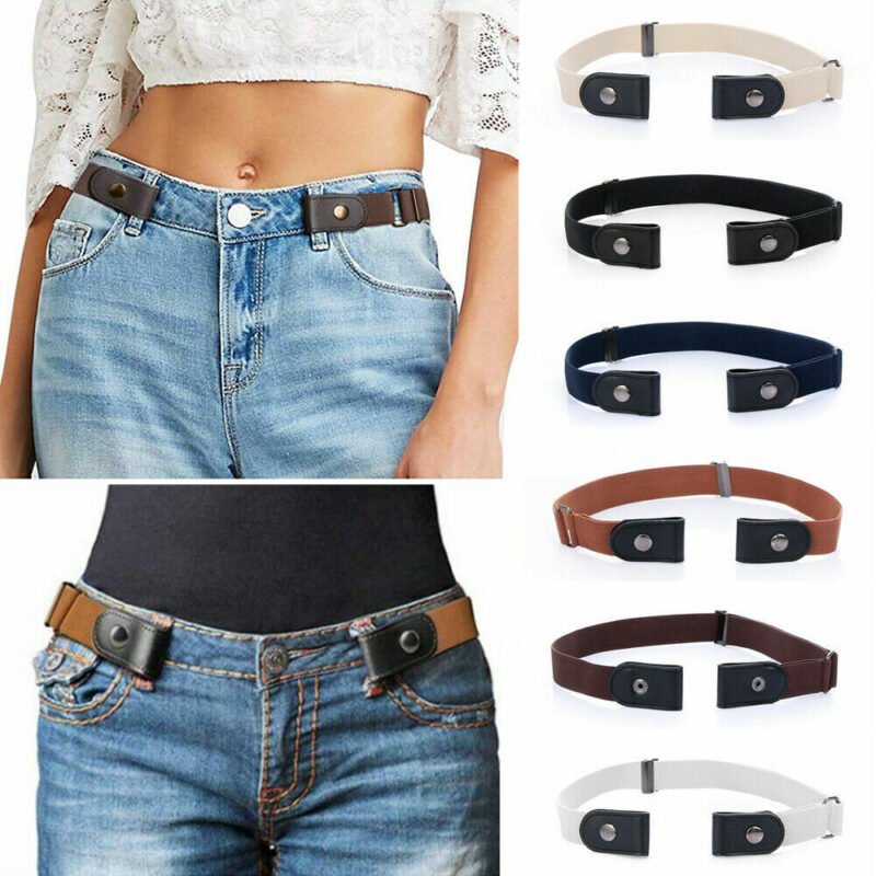 Person in buckle-free elastic waist belt Black color, front view, showing stretch design.