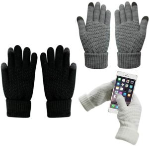 Woman in touchscreen cashmere gloves women Solid color, front view, showing knitted design.