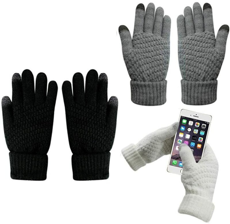 Woman in touchscreen cashmere gloves women Solid color, front view, showing knitted design.