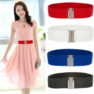 Woman in stretch metal buckle belt Black color, front view, showing wide elastic design.