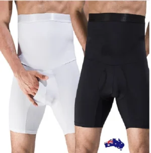 Man in men’s high waist shaper Black color, front view, showing high-waist design.