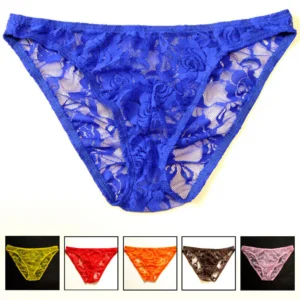 Man in lace sexy men’s briefs Black color, front view, showing lace design.