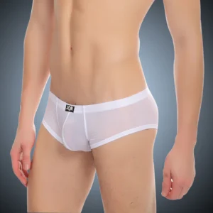 Man in ice silk sexy briefs men Black color, front view, showing U pouch design.