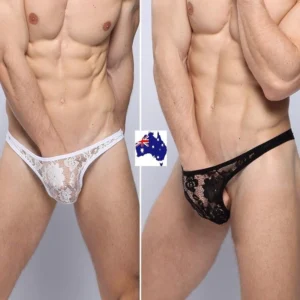 Man in mens lace thong underwear Black color, front view, showing lace design.