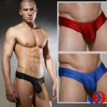 Man in mens U convex underwear Black color, front view, showing U convex design.