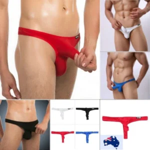 Man in sexy stretch G-string men Black color, front view, showing pouch design.
