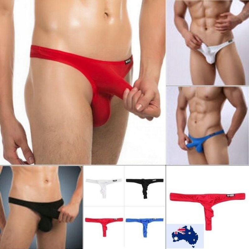 Man in sexy stretch G-string men Black color, front view, showing pouch design.