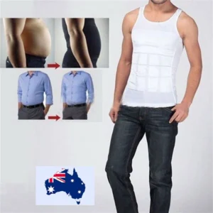 Man in men’s slimming tummy vest Black color, front view, showing compression design.