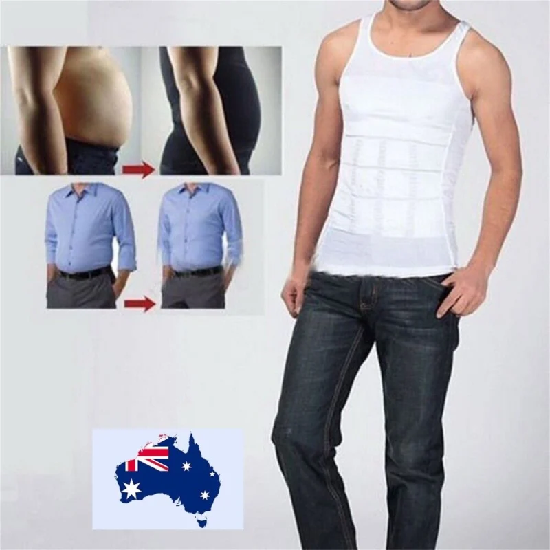 Man in men’s slimming tummy vest Black color, front view, showing compression design.