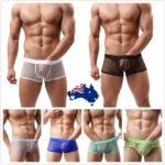 Man in sexy mesh boxers Australia Multicolor print, front view, showing U convex design.