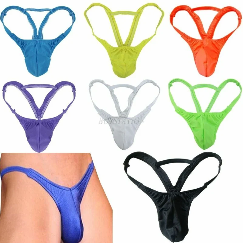 Man in sexy stretch G-string men Black color, front view, showing pouch design.