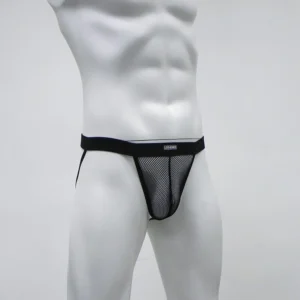 Man in sexy mesh thong underwear Multicolor design, front view, showing backless design.