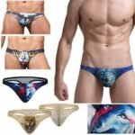 Man in 3D animal print thong men Multicolor design, front view, showing animal print.