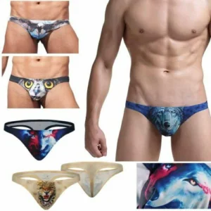 Man in 3D animal print thong men Multicolor design, front view, showing animal print.