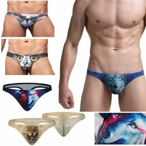57-1996.jpg Man in 3D animal print thong men Multicolor design, front view, showing animal print.