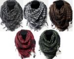 Person in tactical shemagh scarf Australia Multicolor check design, front view, showing wrap style.