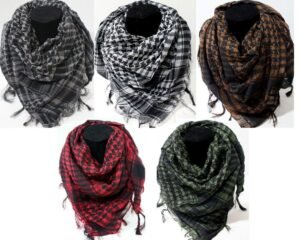Person in tactical shemagh scarf Australia Multicolor check design, front view, showing wrap style.