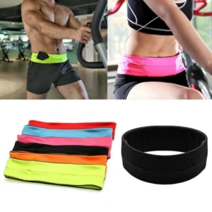 Person in expandable running belt Australia Black color, front view, showing tubular pocket.