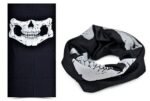 Person in 7-in-1 winter scarf Australia Black color, front view, showing skull design.