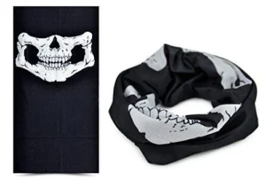 Person in 7-in-1 winter scarf Australia Black color, front view, showing skull design.
