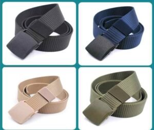 Man with adjustable tactical belt men Army green color, front view, showing buckle design.