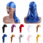 Person in silky durag headwrap Australia Black color, front view, showing silky design.