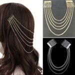 Woman with bridal pearl tassel hairpin Australia Silver color, front view, showing tassel design.
