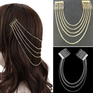 Woman with bridal pearl tassel hairpin Australia Silver color, front view, showing tassel design.