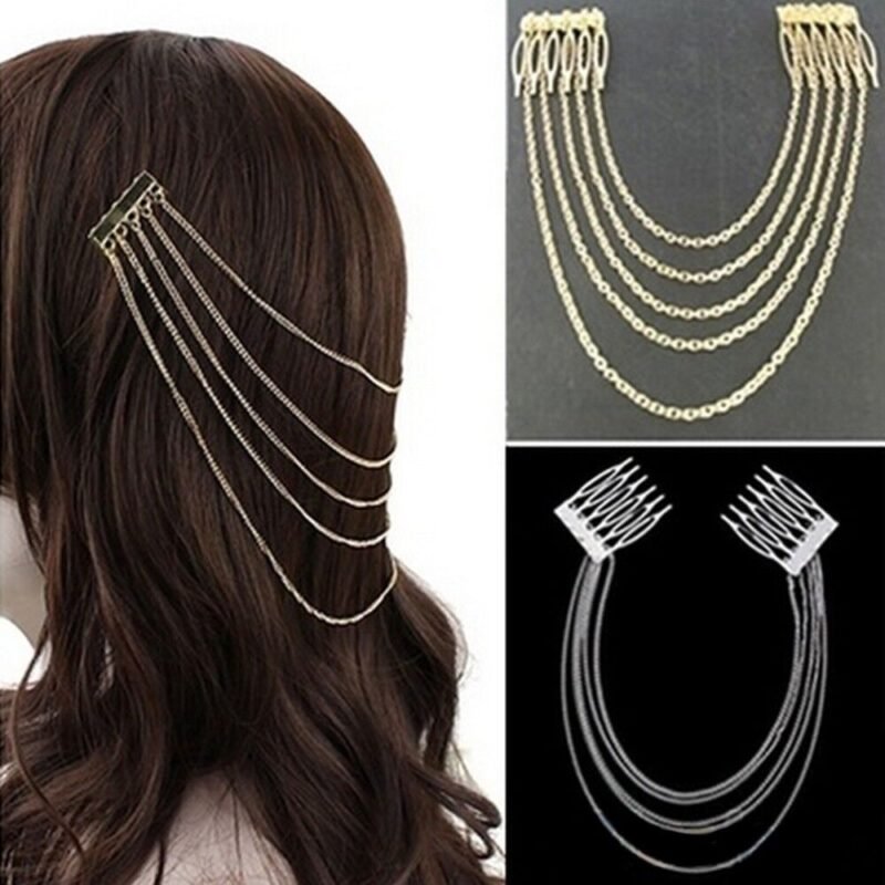 Woman with bridal pearl tassel hairpin Australia Silver color, front view, showing tassel design.