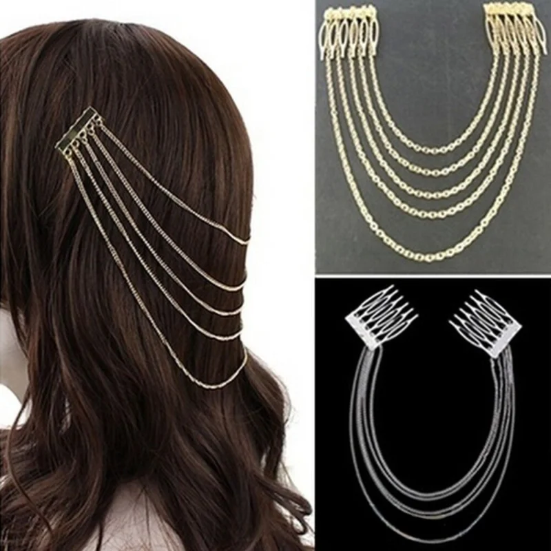 Woman with bridal pearl tassel hairpin Australia Silver color, front view, showing tassel design.